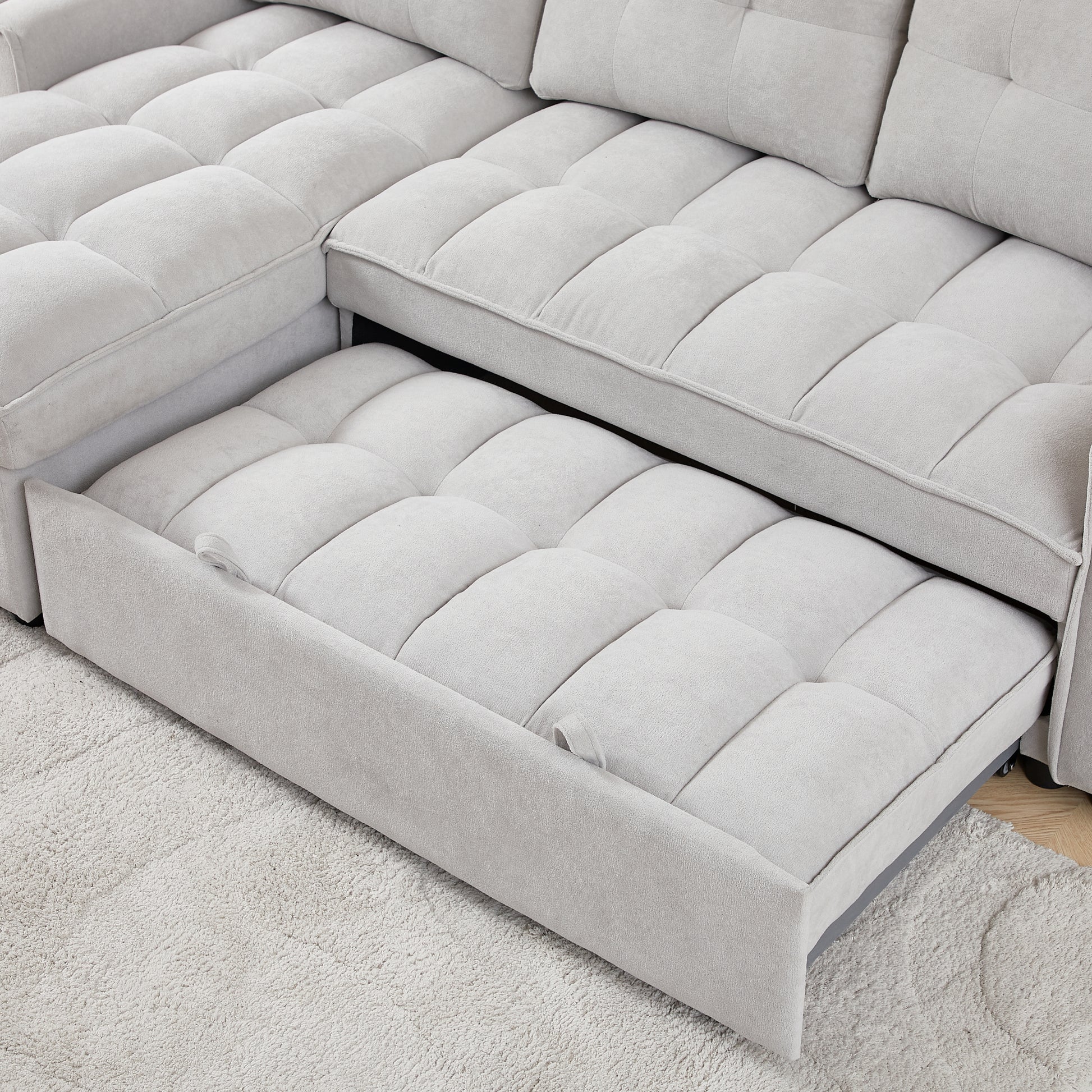 Mh 78.75" Reclining Sofa, Pull Out Sofa Bed With Usb And Tape C Charging Ports, L Shaped Sectional Sofa With Reclining Storage And Arm Side Organizer Pocket Features, Living Room Comfort Sofa Light Grey Chenille Wood Primary Living Space Eucalyptus Foam