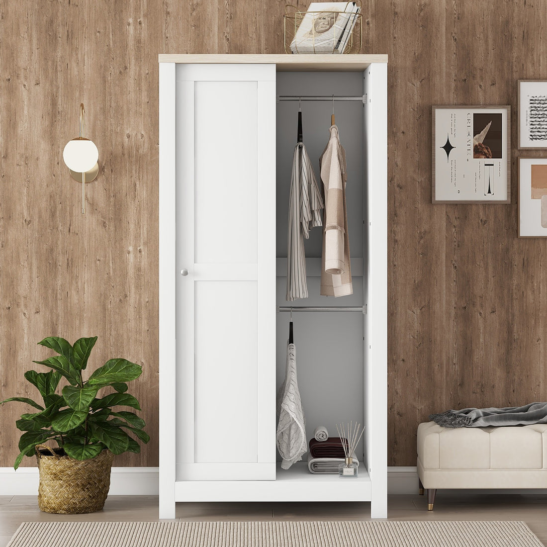 Bedroom Storage Wardrobe With Hanging Rods And 2 Drawers And Open Shelves,Sliding Door,White White Mdf