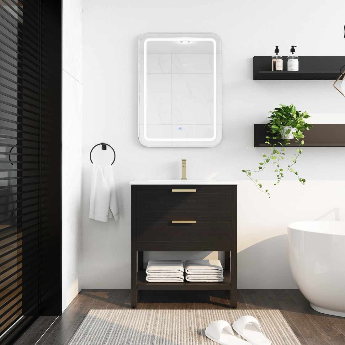 30 Inch Bathroom Vanity With Sink And 2 Soft Close Drawers, Golden Handle Bvb01030Bctg Bl9075B Black Chestnut Bathroom Modern Plywood