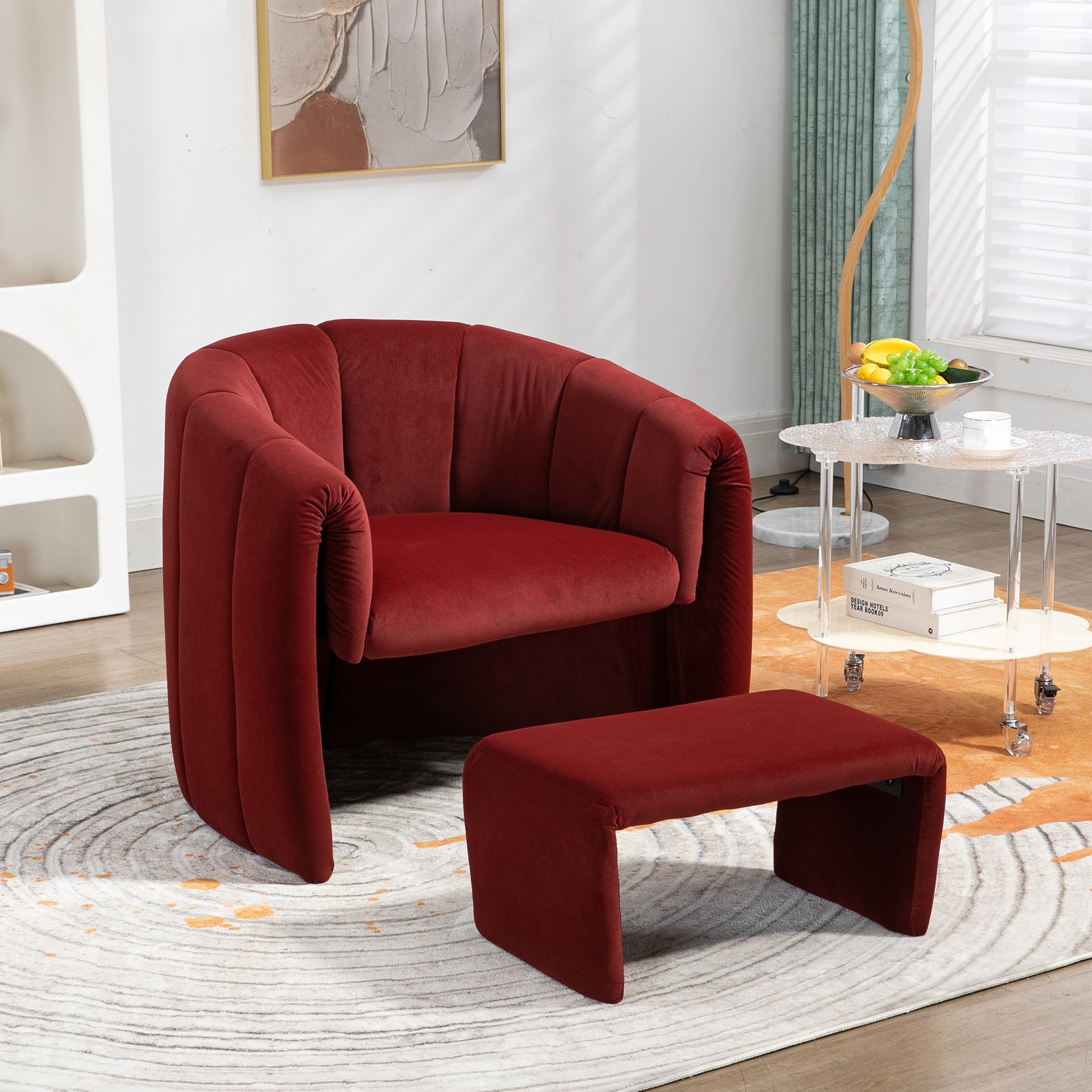 Coolmore Accent Chair With Ottoman, Mid Century Modern Barrel Chair Upholstered Club Tub Round Arms Chair For Living Room Bedroom Office Wine Red Velvet Wine Red Foam Velvet