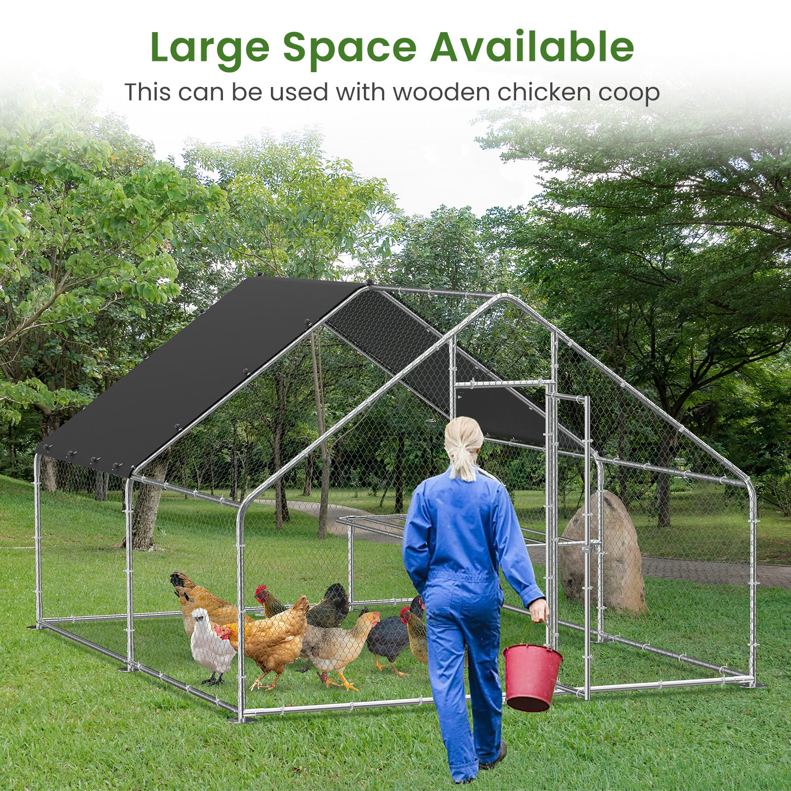 Large Metal Chicken Coop, Walk In Chicken Coop, Galvanized Wire Poultry Chicken Coop, Rabbit Duck Coop With Waterproof And Uv Protection Cover For Outdoor, Backyard And Farm. 9.8' W X 13.1' L X 6.6'