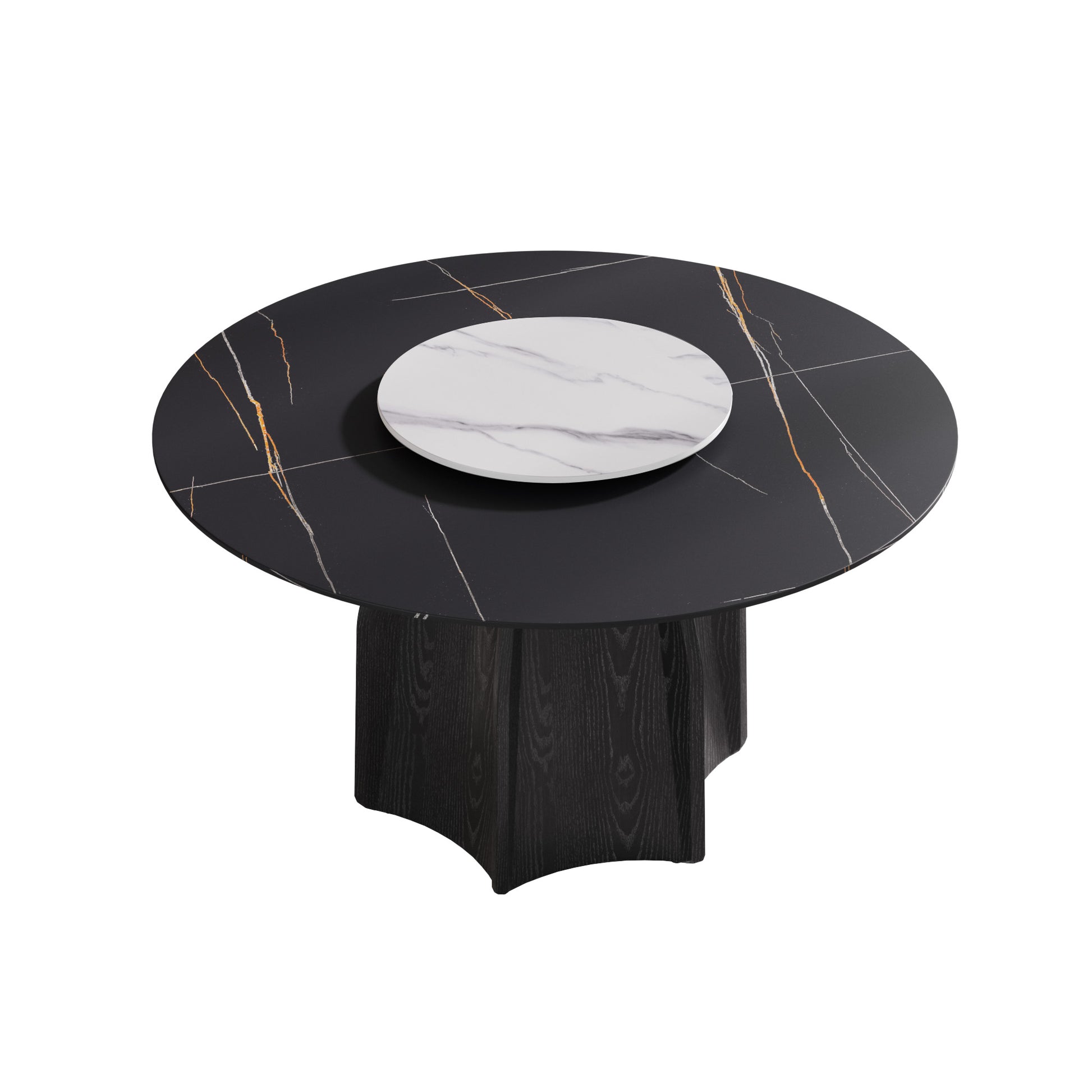 53" Round Marble Dining Table With Black Textured Solid Wood Base, Artificial Marble For 6 People, 23.62"White Artificial Stone Turntable,Black&White Dining Table Only Black,White Dining Room Modern