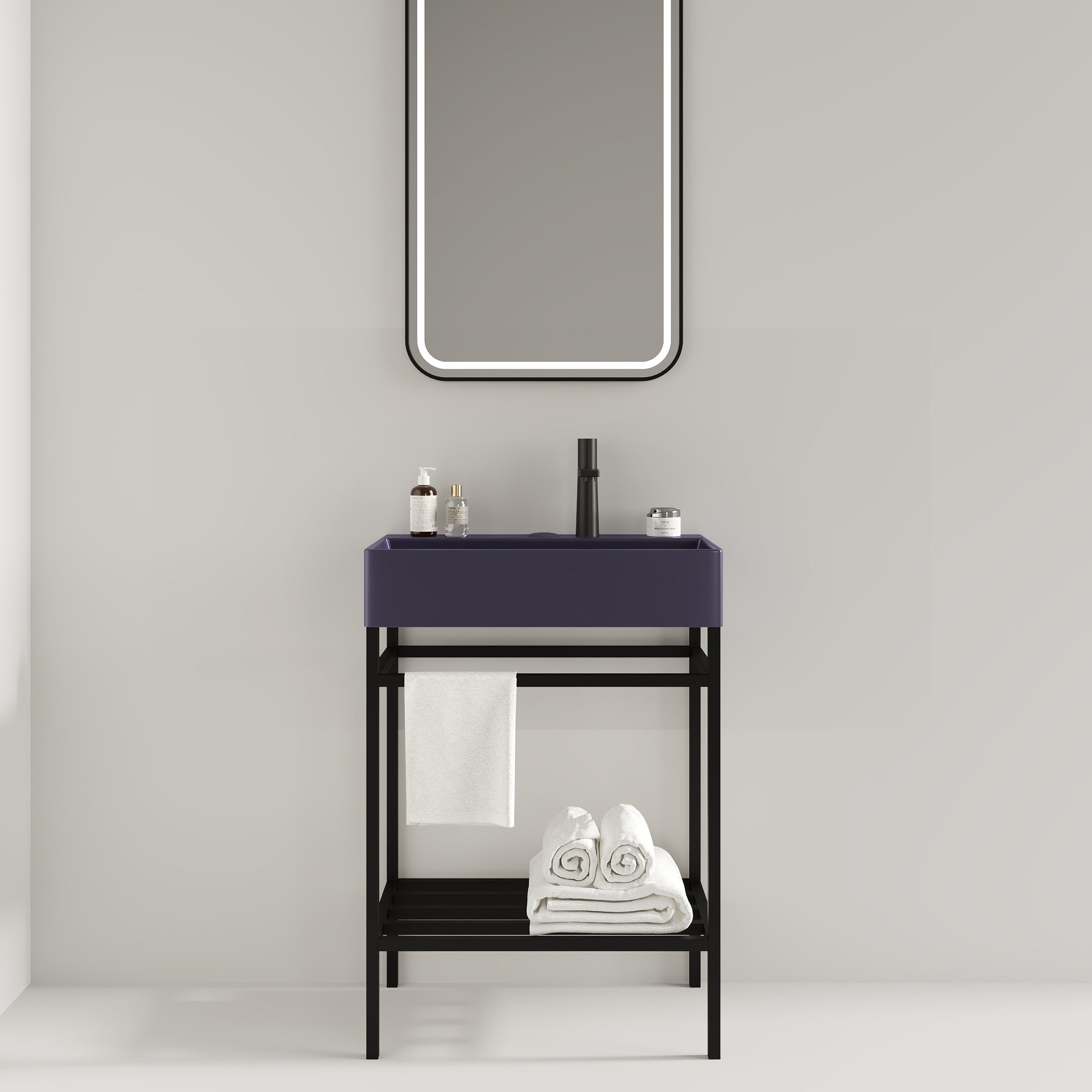 Lofi 24" Bathroom Vanity With Ceramic Basin, Freestanding Bathroom Console Sink Set, Glossy Purple Rectangular Ceramic Basin Without Faucet, Open Metal Leg, Storage Shelves, Black Purple Black