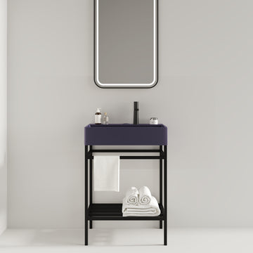 Lofi 24" Bathroom Vanity With Ceramic Basin, Freestanding Bathroom Console Sink Set, Glossy Purple Rectangular Ceramic Basin Without Faucet, Open Metal Leg, Storage Shelves, Black Purple Black