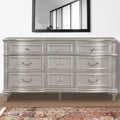 Inz 71 Inch 9 Drawer Wide Dresser, Elegant Trim Details, Classic Silver Silver Wood