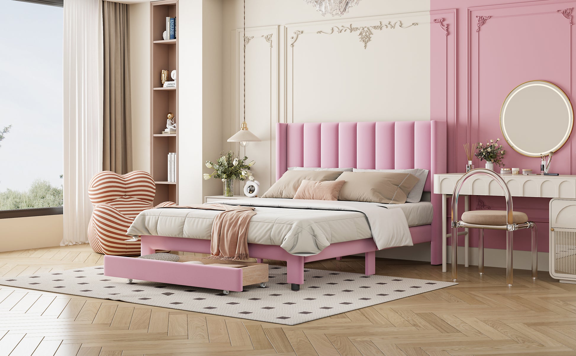 Full Size Storage Bed Velvet Upholstered Platform Bed With A Big Drawer Pink Old Sku:Wf296850Aah Full Pink Velvet