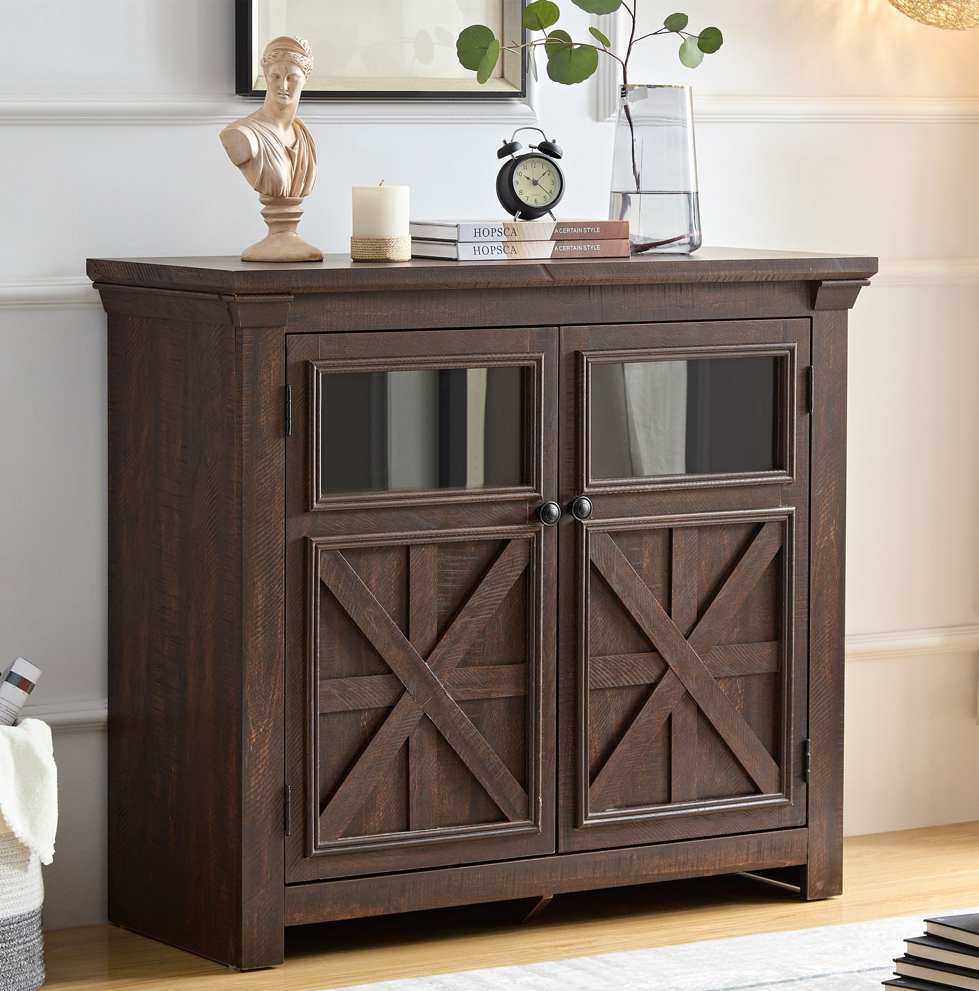 Coffee Bar Cabinet, Kitchen Storage Cabinet, Modern Farmhouse Buffet Sideboard And Adjustable Shelf, Barn Door Accent Cabinet For Kitchen, Dining Room, L38''*W15.35"*H35" Espresso Espresso Mdf