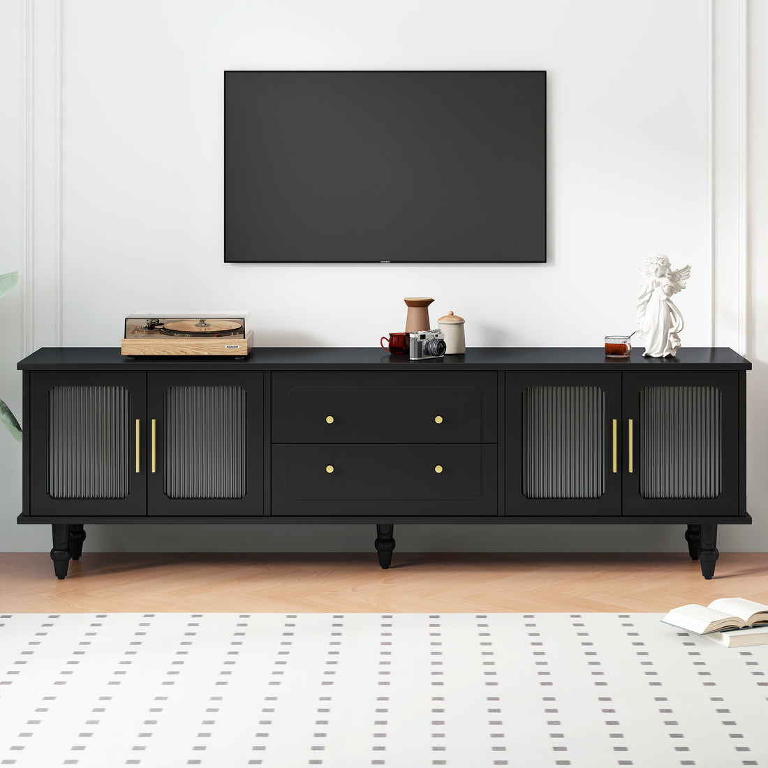 Retro Design Tv Stand With Fluted Glass Doors For Tvs Up To 78'', Practical Media Console With 2 Drawers And Cabinets, Elegant Entertainment Center For Living Room, Black Black Primary Living Space 70 79 Inches 70 79 Inches Particle Board