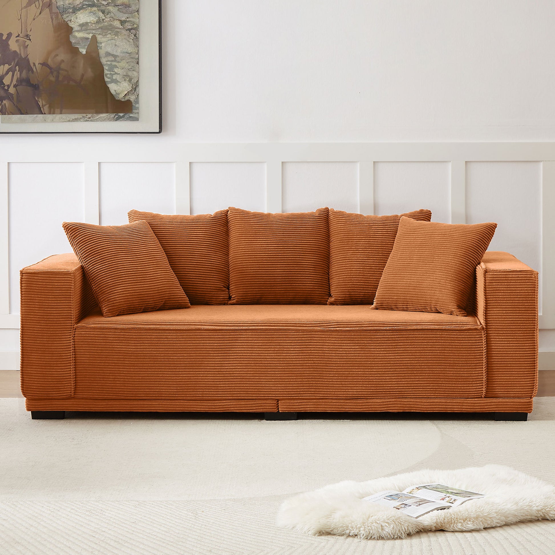 88.97'' Corduroy Sofa With 5 Matching Toss Pillows Modern Upholstered Sofa Including Bottom Frame For Bedroom, Apartment And Office.Orange Orange Corduroy 3 Seat