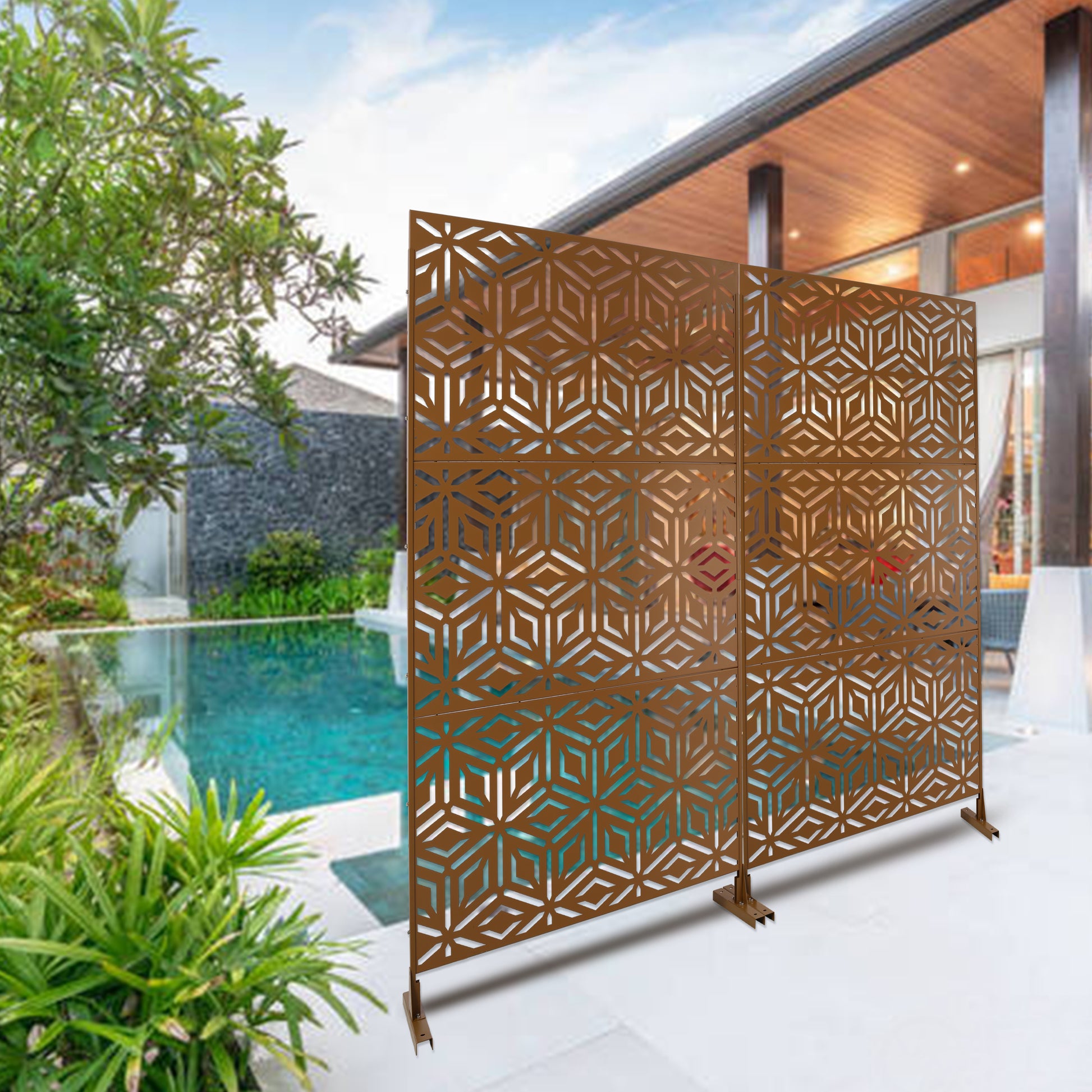 Outdoor & Indoor Privacy Screen Metal Privacy Screen 76" H 48" W, Freestanding Decorative Privacy Screen For Deck Balcony Patio, Privacy Fence Panels For Outside Lawn Garden Ps115 Brown Brown Steel