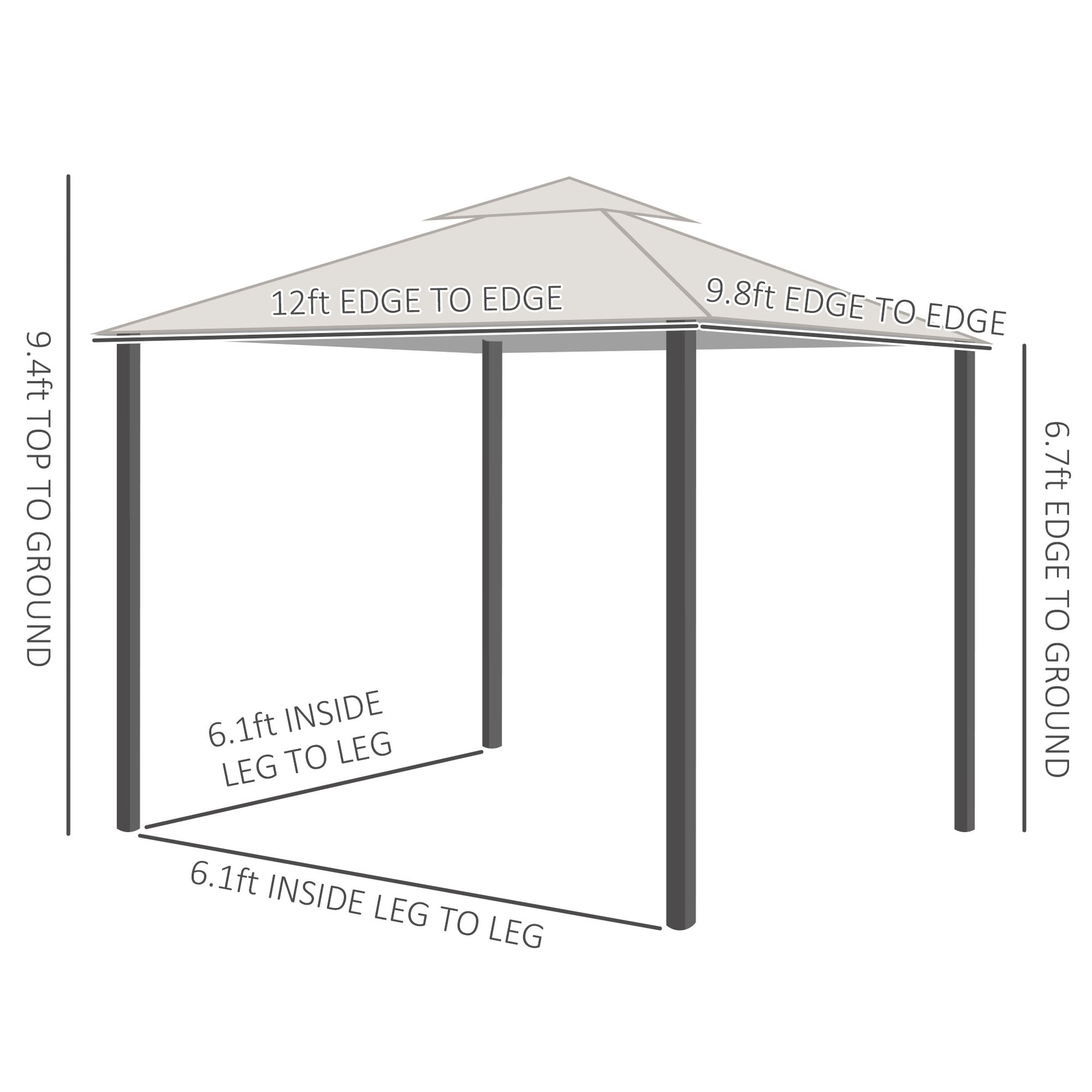 Outsunny 10' X 12' Patio Gazebo With Netting, Double Roof Outdoor Gazebo Canopy Shelter, Solid Metal Frame For Garden, Lawn, Backyard, Deck, Dark Gray Gray Metal