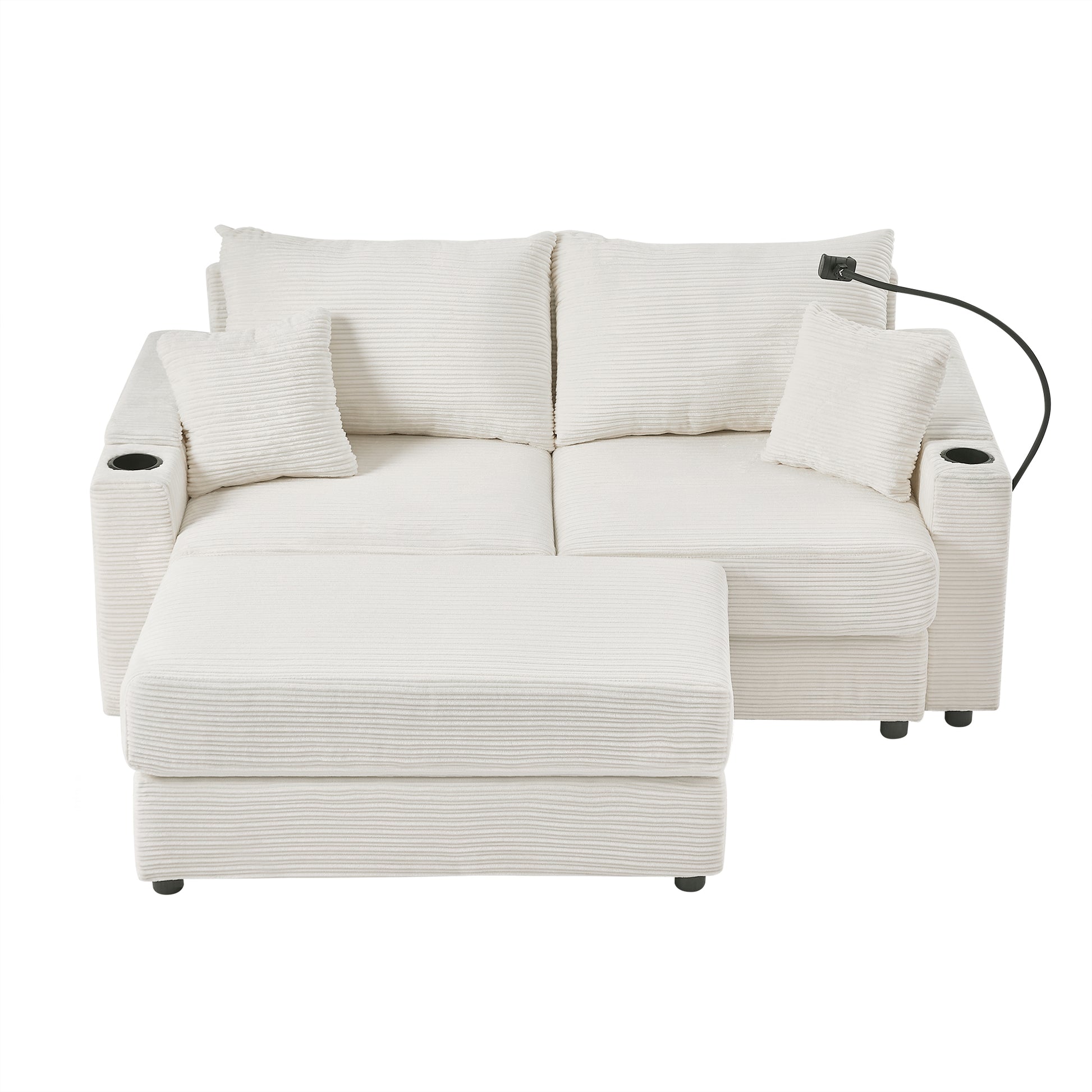 72.8" Modern Style Loveseat Sofa Sectional Sofa Couch With Storage Space, A Movable Ottoman, Two Usb Ports, Two Cup Holders, A Phone Holder For Living Room, Beige Beige Foam Corduroy 3 Seat