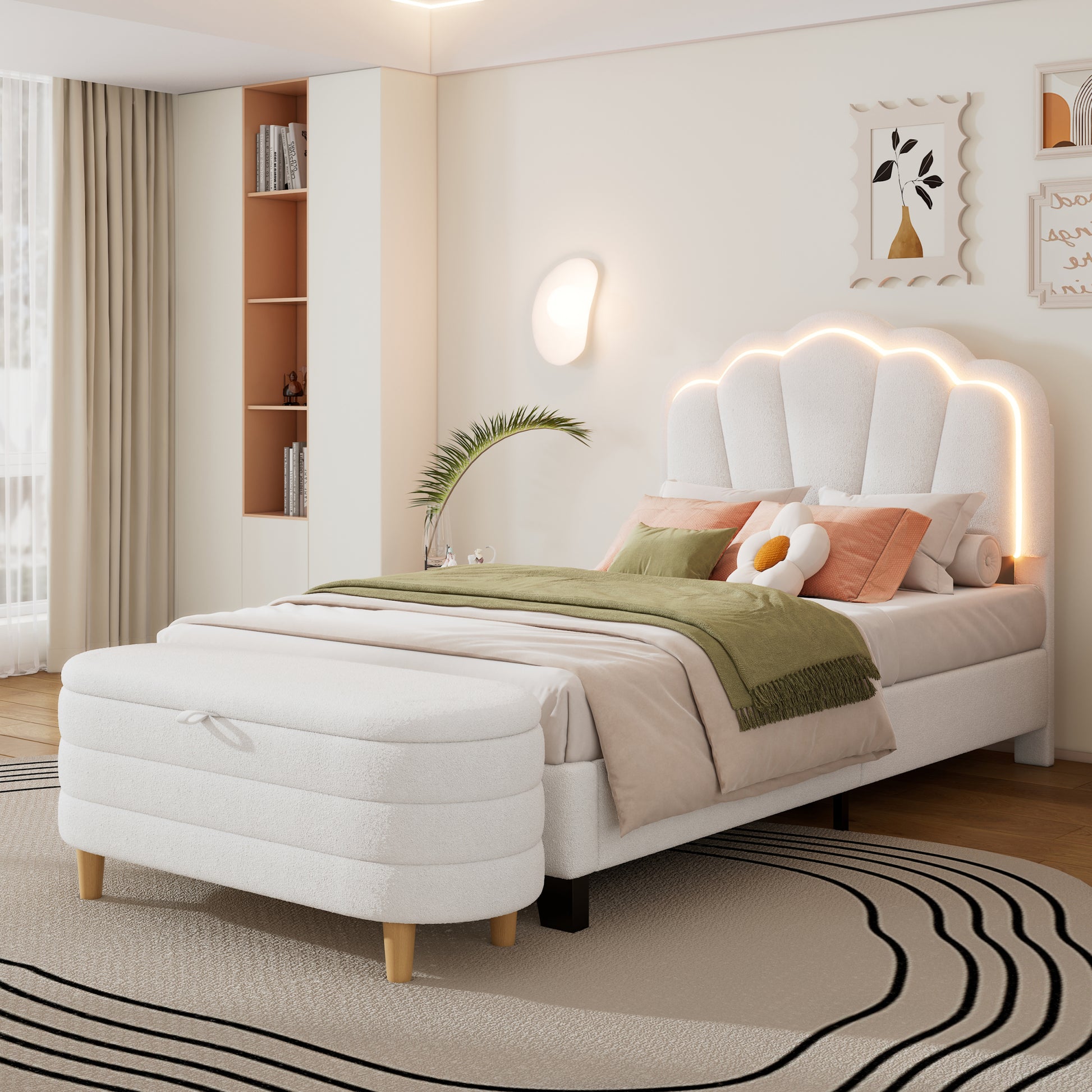 2 Pieces Bedroom Sets Twin Size Flower Shaped Upholstered Led Platform Bed With Storage Ottoman Sherpa Fabric, White Twin White 2 Piece Set Wood