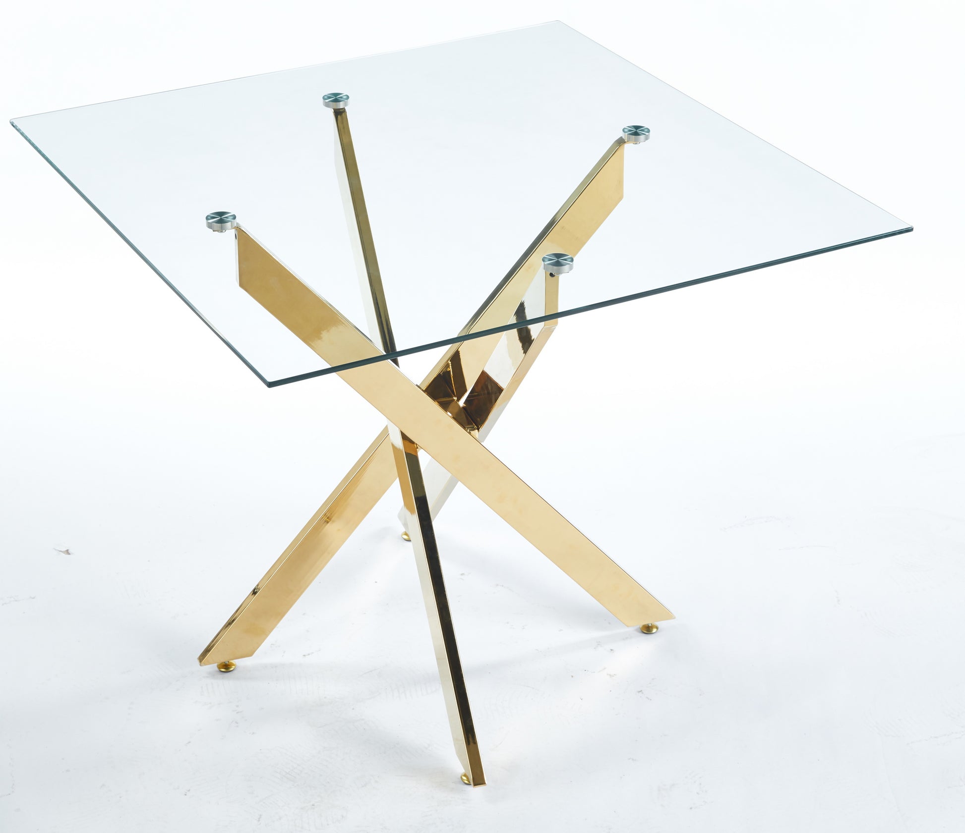 Dining Table With Cross Metal Leg And Tempered Glass,Modern Space Saving Kitchen Table For Living Room,Chrome Legs,Square Table,Golden Legs,90X90X75Cm Golden Glass Metal