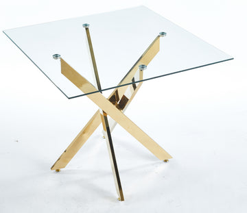 Dining Table With Cross Metal Leg And Tempered Glass,Modern Space Saving Kitchen Table For Living Room,Chrome Legs,Square Table,Golden Legs,90X90X75Cm Golden Glass Metal