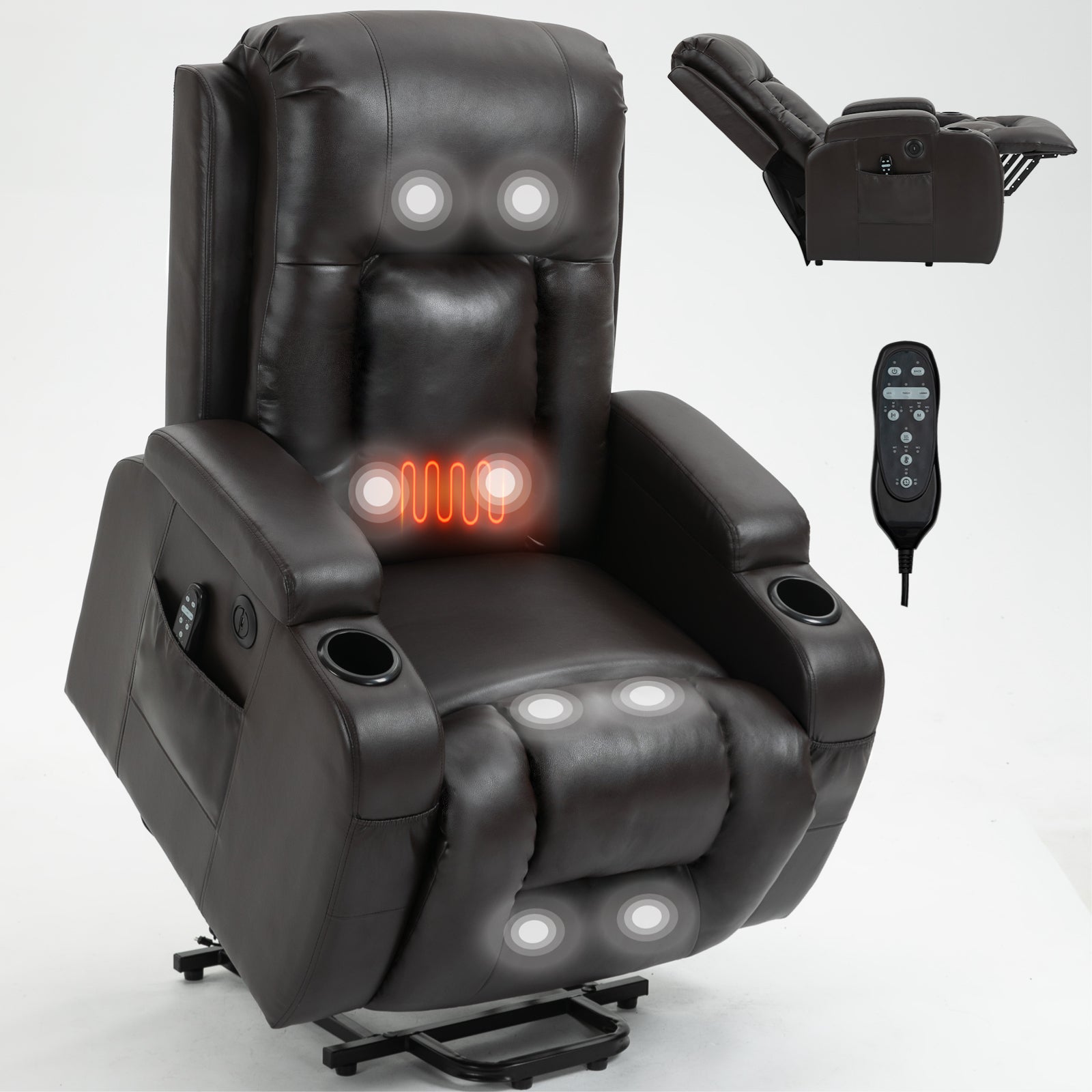 Infinite Position Up To 350 Lbs Power Lift Recliner Chair For Elderly, Heavy Duty Motion Mechanism With 8 Point Vibration Massage And Lumbar Heating, Usb Charging Port, Cup Holders, Brown White Metal Primary Living Space Heavy Duty Pine Brown Faux