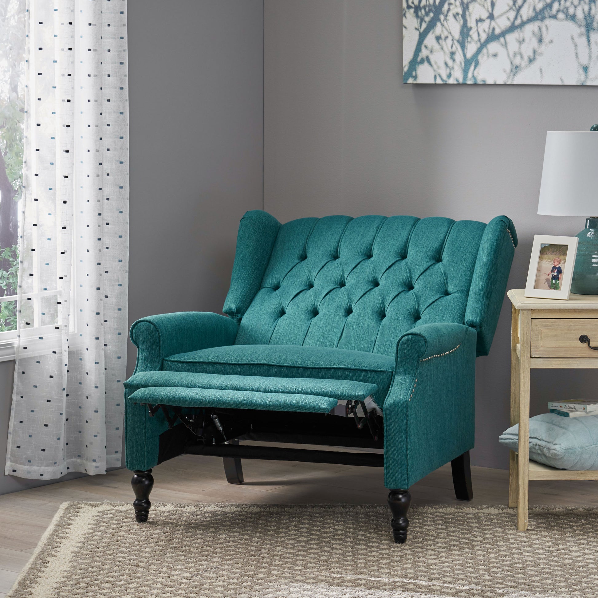 One And Half Seater Recliner Teal Fabric