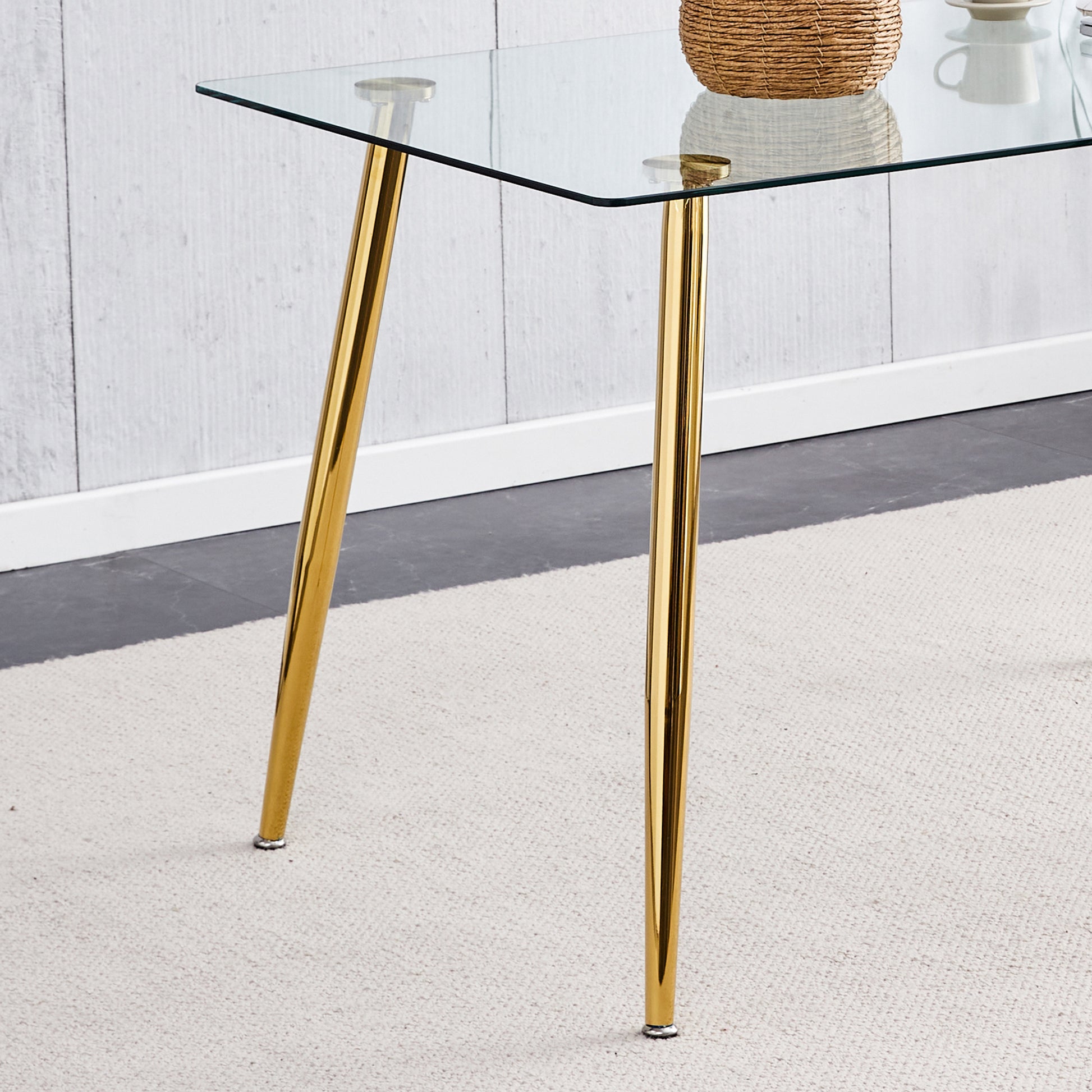 Modern Minimalist Rectangular Glass Dining Table For 4 6 With 0.31" Tempered Glass Tabletop And Golden Plating Metal Legs, Writing Table Desk, For Kitchen Dining Living Room, 51" *31"*30".F 1544 Golden Glass