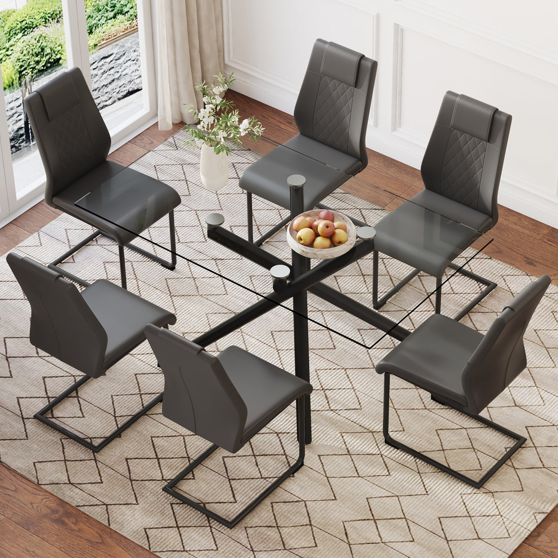 Table And Chair Set.Modern Rectangular Glass Dining Table With 0.39" Tempered Glass Tabletop And Black Metal Legs.Paired With Multiple Chairs Designed With Pu Cushions And Black Metal Legs. Black Grey Seats 6 Tempered Glass