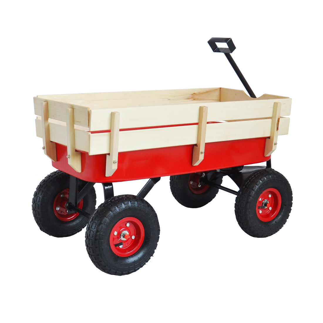 Outdoor Sport Wagon Tools Cart Wooden Side Panels Air Tires Wagon Red Red Garden & Outdoor Metal