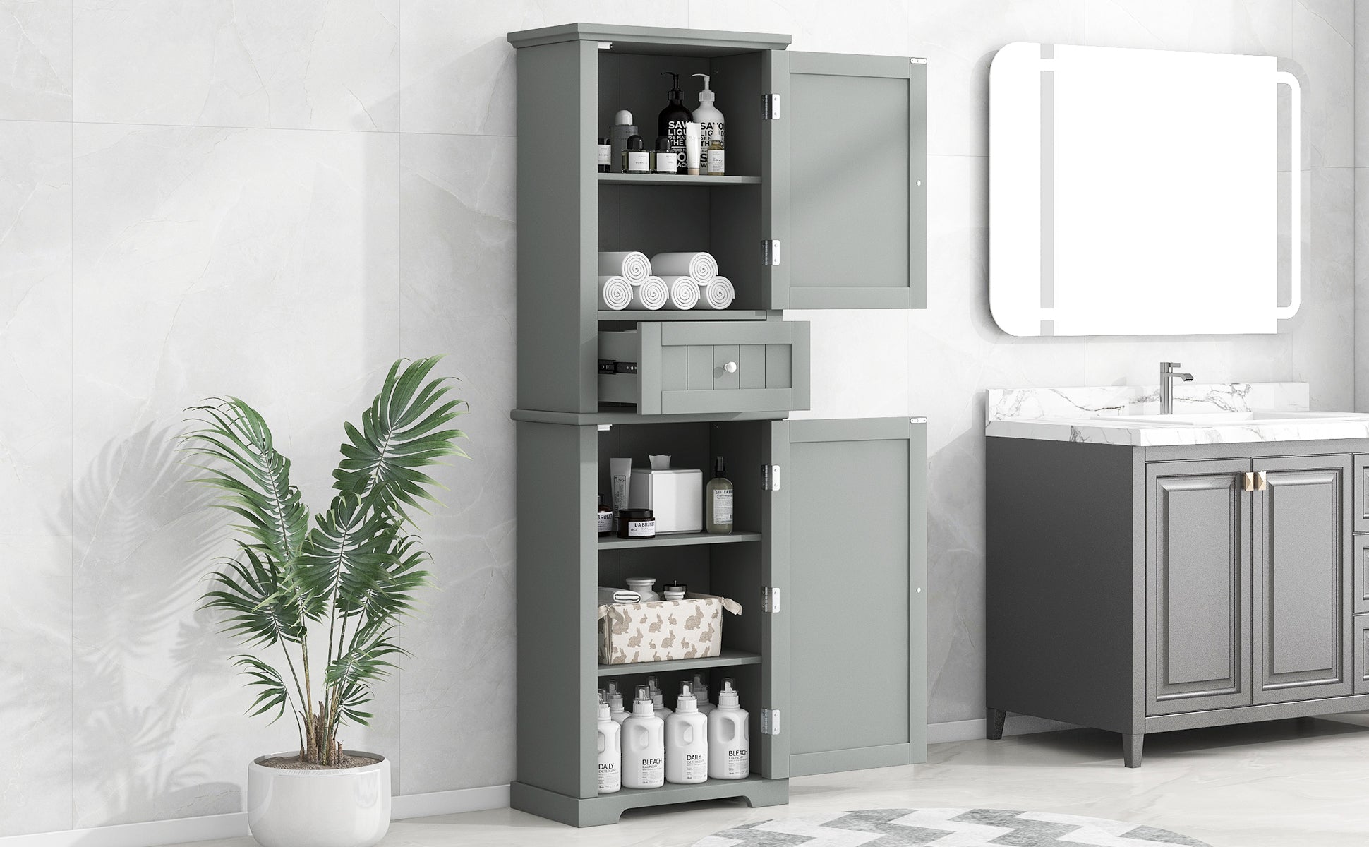 Tall Bathroom Storage Cabinet, Freestanding Storage Cabinet With Drawer And Adjustable Shelf, Mdf Board With Painted Finish, Grey Old Sku:Wf312727Aae Grey Mdf