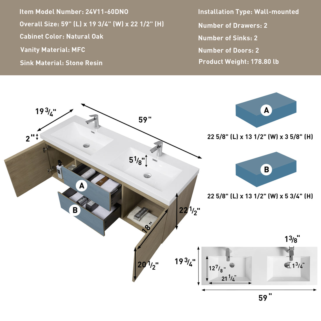 60" Floating Bathroom Vanity With Sink, Modern Wall Mounted Bathroom Storage Vanity Cabinet With Double Resin Top Basins And Soft Close Drawers, Natural Oak 24V11 60Dno 2 Oak 2 Bathroom Wall Mounted