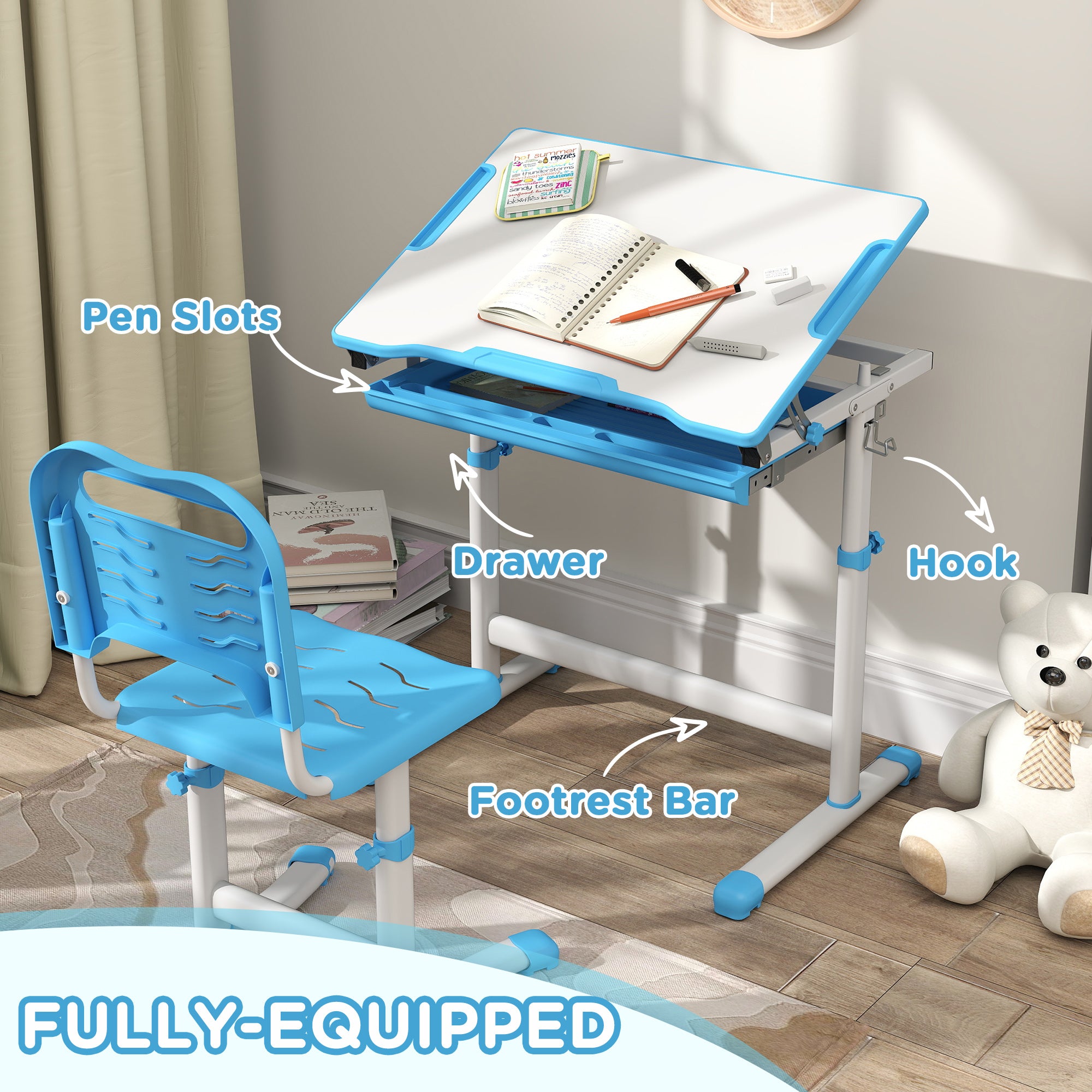 Qaba Kids Desk And Chairs Set, Height Adjustable Children School Study