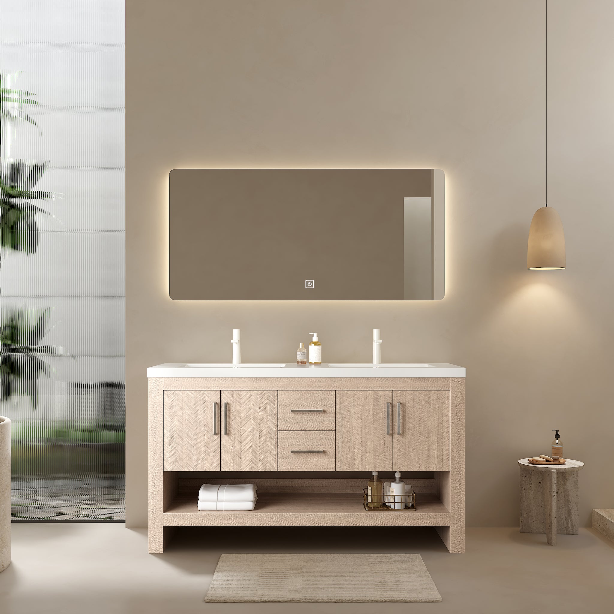 Lucci 60" Bathroom Vanity With 2 Sinks, Freestanding Plywood Storage Cabinet With 2 Drawers, 4 Doors And An Open Shelf, White Acrylic Integrated Basin Without Faucet, Pre Assembled, Light Oak White Light Oak Bathroom Modern Plywood Acrylic