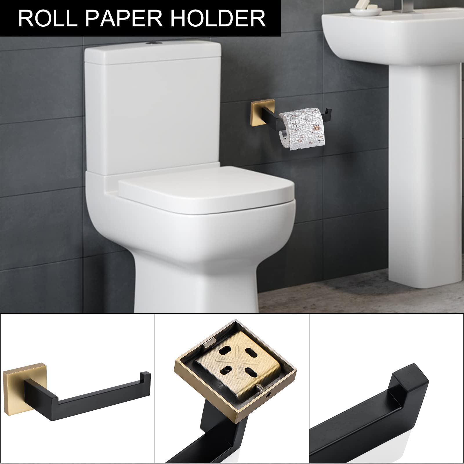 5 Pc Bathroom Accessory Set In Black Gold Towel Bar Toilet Paper Holder Hook Towel Ring Gold Black Stainless Steel