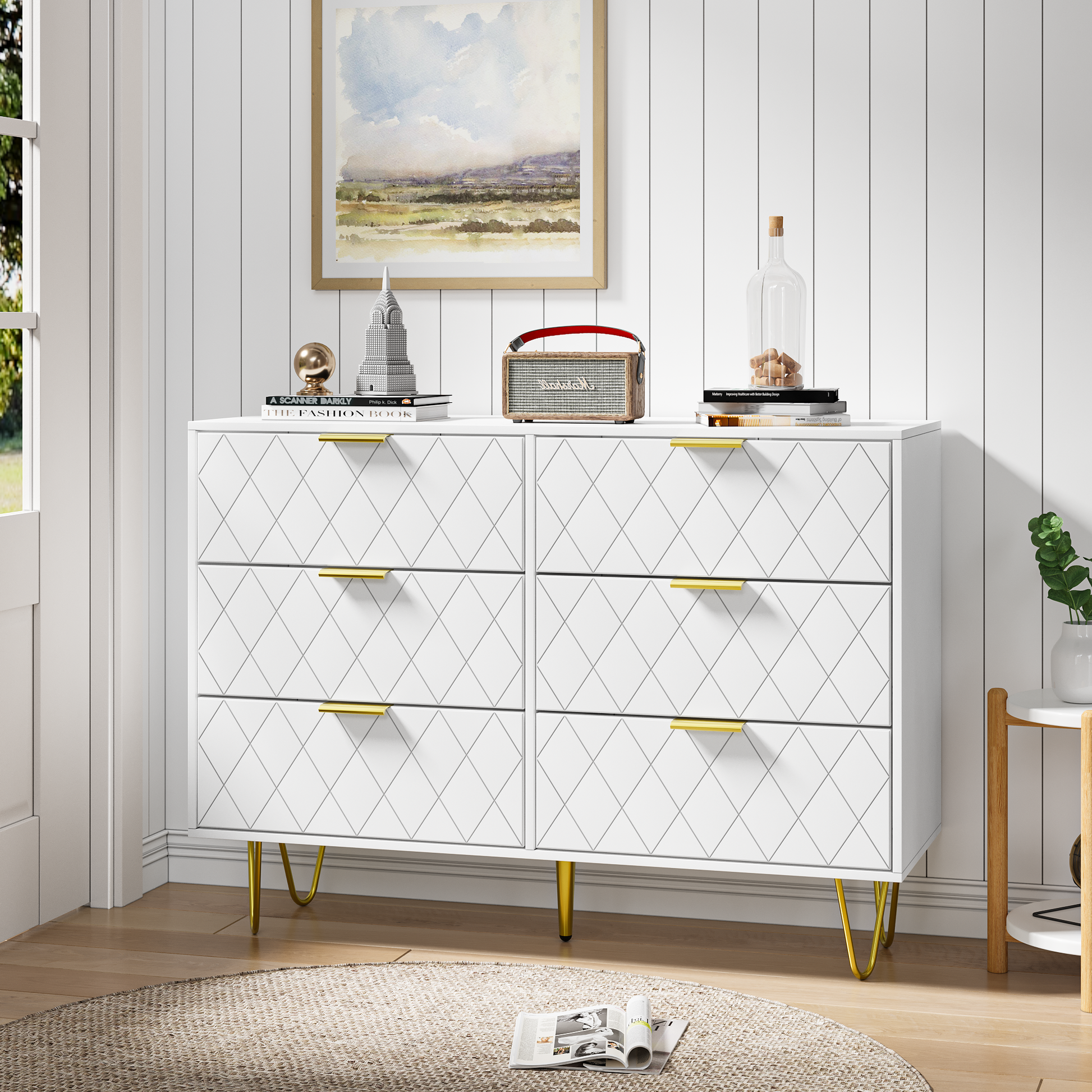 Modern White 6 Drawers For Bedroom, Small Size Wooden Drawers With Gold Handles, Chest Dresser With Deep Drawers For Living Room White Bedroom Mdf Modern White 6 Drawers For Bedroom, Small Size Wooden Drawers With Gold Handles, Chest Dresser With Deep Drawers For Living Room White Bedroom Mdf