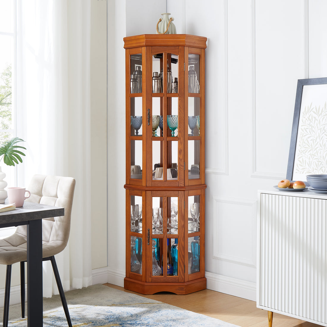 Corner Curio Cabinet With 5 Shelves And Lighting System, Oak E26 Light Bulb Not Included Oak Mdf