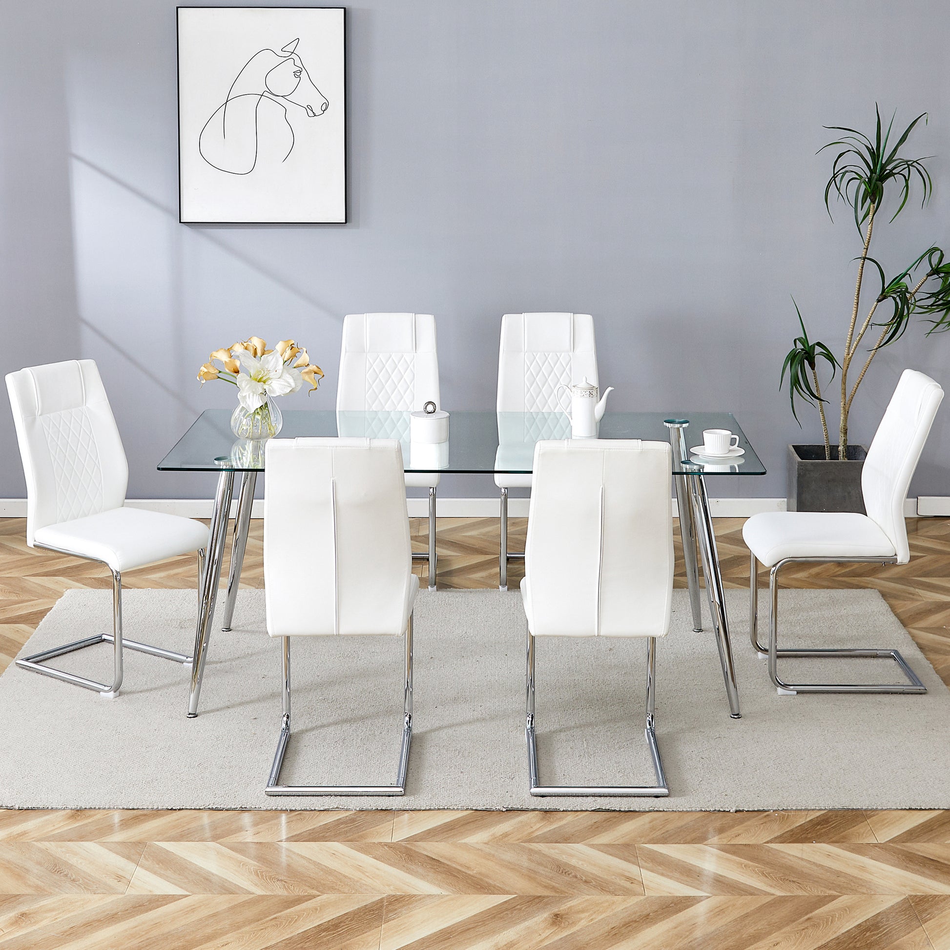 Table And Chair Set.Modern Rectangular Glass Dining Table With A Tempered Glass Tabletop And Silver Metal Legs, Paired With Multiple Chairs Designed With Pu Cushions And Silver Metal Legs. Silver White Seats 6 Tempered Glass