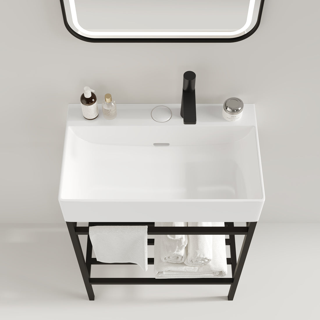 Lofi 24" Bathroom Vanity With Ceramic Basin, Freestanding Bathroom Console Sink Set, Glossy White Rectangular Ceramic Basin Without Faucet, Open Metal Leg, Storage Shelves, Black White Black