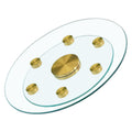 Double Layer Rotatable Round Glass.Golden Aluminum Plate,The Rotatable Design Makes It Convenient To Retrieve And Place Items.The Upper Glass Has A Diameter Of 20 Inches,The Lower Glass15 Inches.