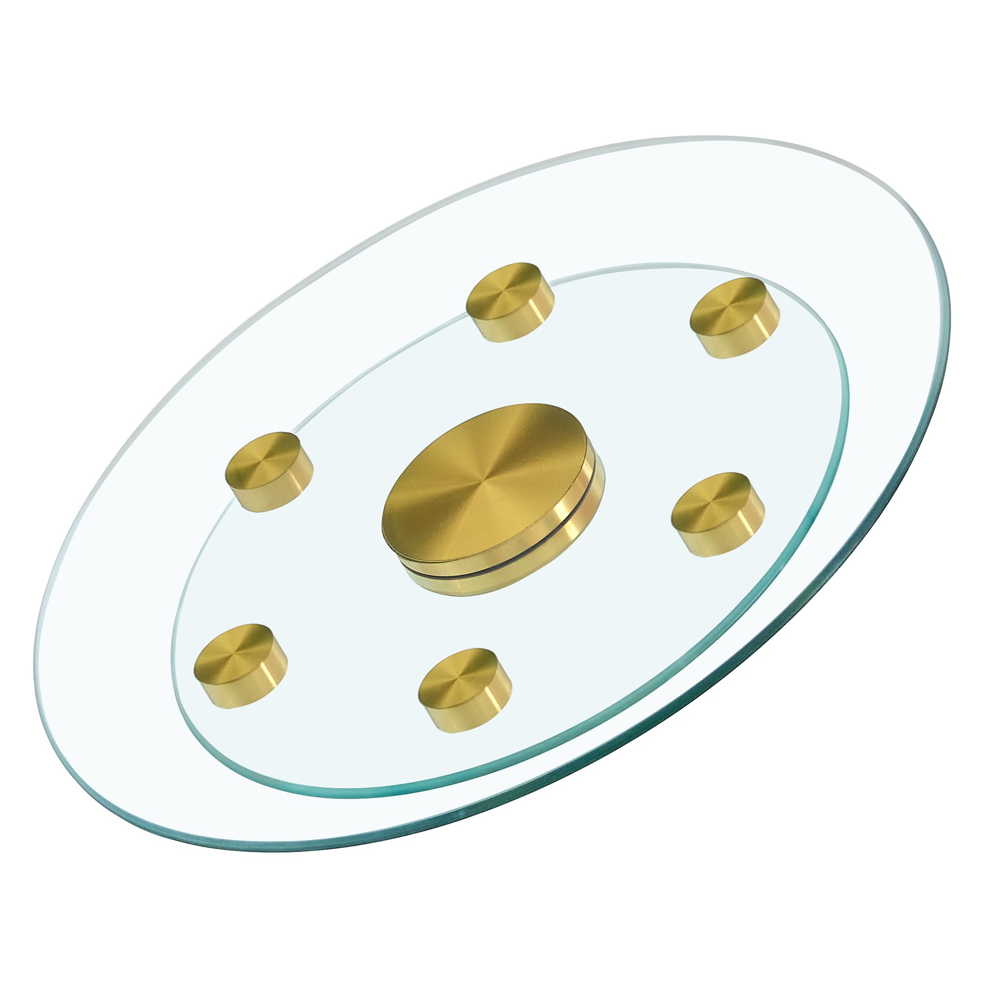 Double Layer Rotatable Round Glass.Golden Aluminum Plate,The Rotatable Design Makes It Convenient To Retrieve And Place Items.The Upper Glass Has A Diameter Of 20 Inches,The Lower Glass15 Inches.