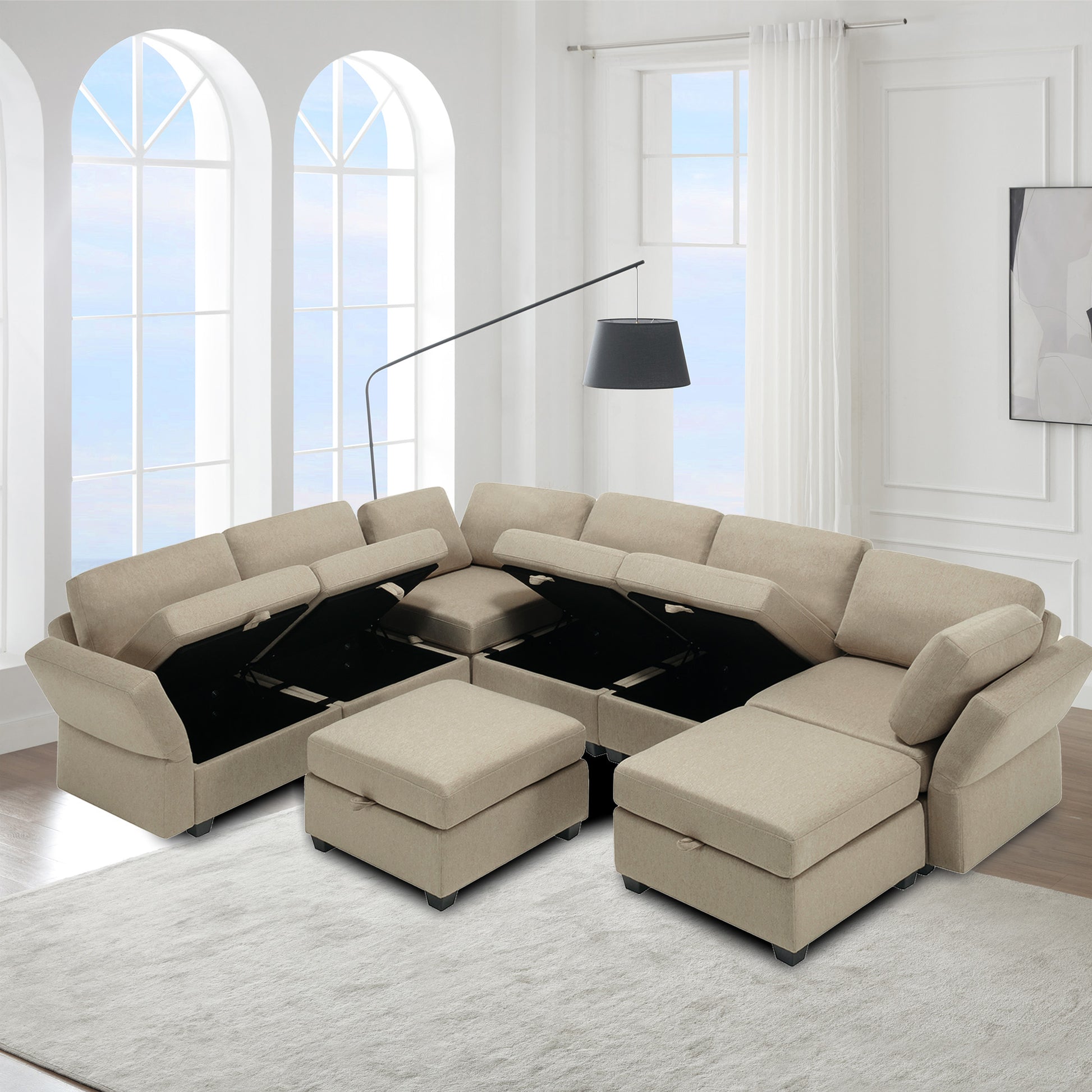 Modular Sectional Sofa With Storage Seat Oversized U Shaped Couch With Reversible Chaise Sofa Set With Ottoman,Ultimate Comfort 6 8 Seater Couches With Adjustable Arms And Backs For Living Room Beige Beige Polyester 6 Seat
