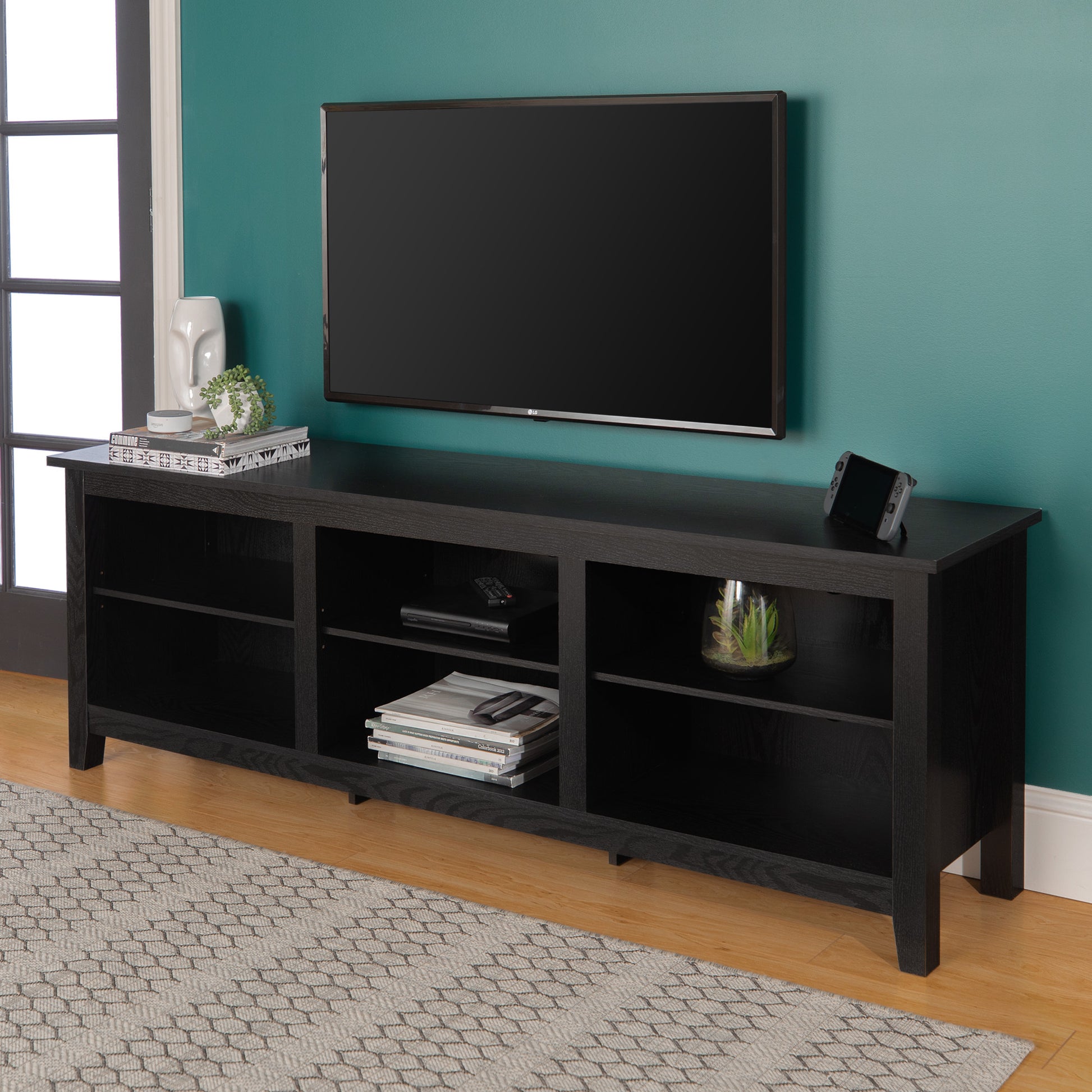 Modern Transitional 3 Shelf Open Storage 70" Tv Stand For 80" Tvs Black Black Mdf