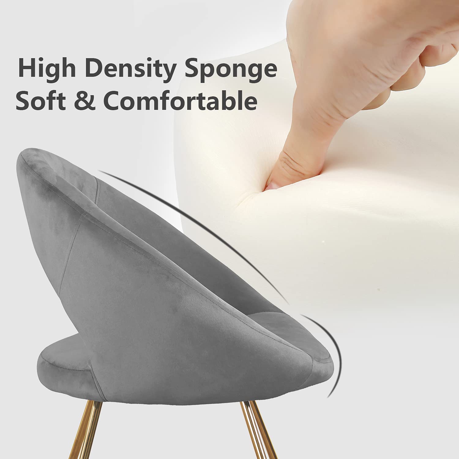 Modern Accent Velvet Chair, Set Of 2, Dining Chair Comfy Upholstered Arm Chair Living Room Furniture Mid Century Leisure Chair With Golden Metal Frame Legs Gray Fabric Metal