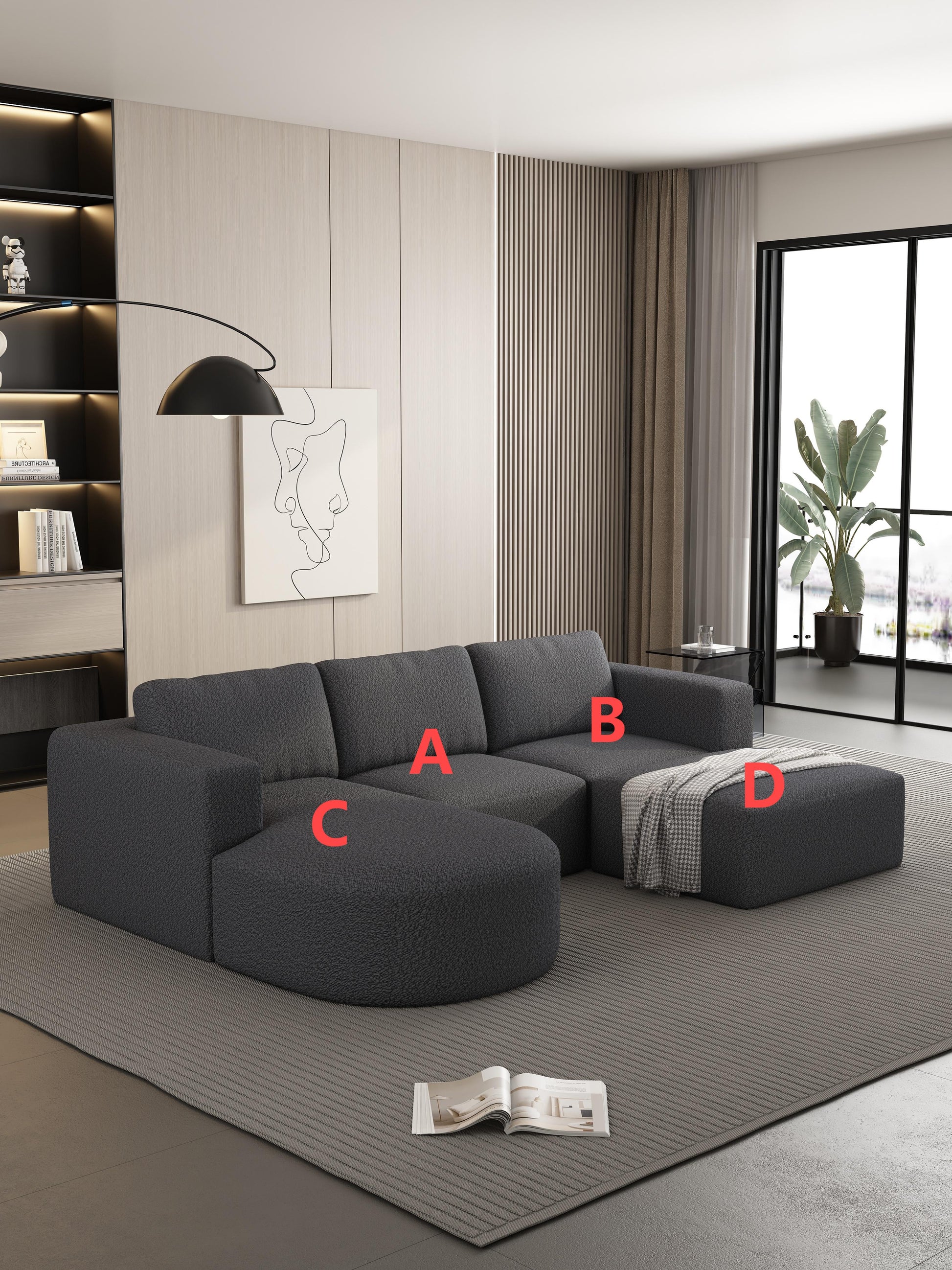 104.32*70.86 Modular Sectional Sofa Sleeper Couch, Sectional Sofa With Chaise And Ottoman, Convertible U Shaped Modular Sofa Set. Compressed Sponge, Dark Grey Combo A B C D Dark Grey Primary Living Space Soft Minimalist,Modern Foam Spring 5 Seat