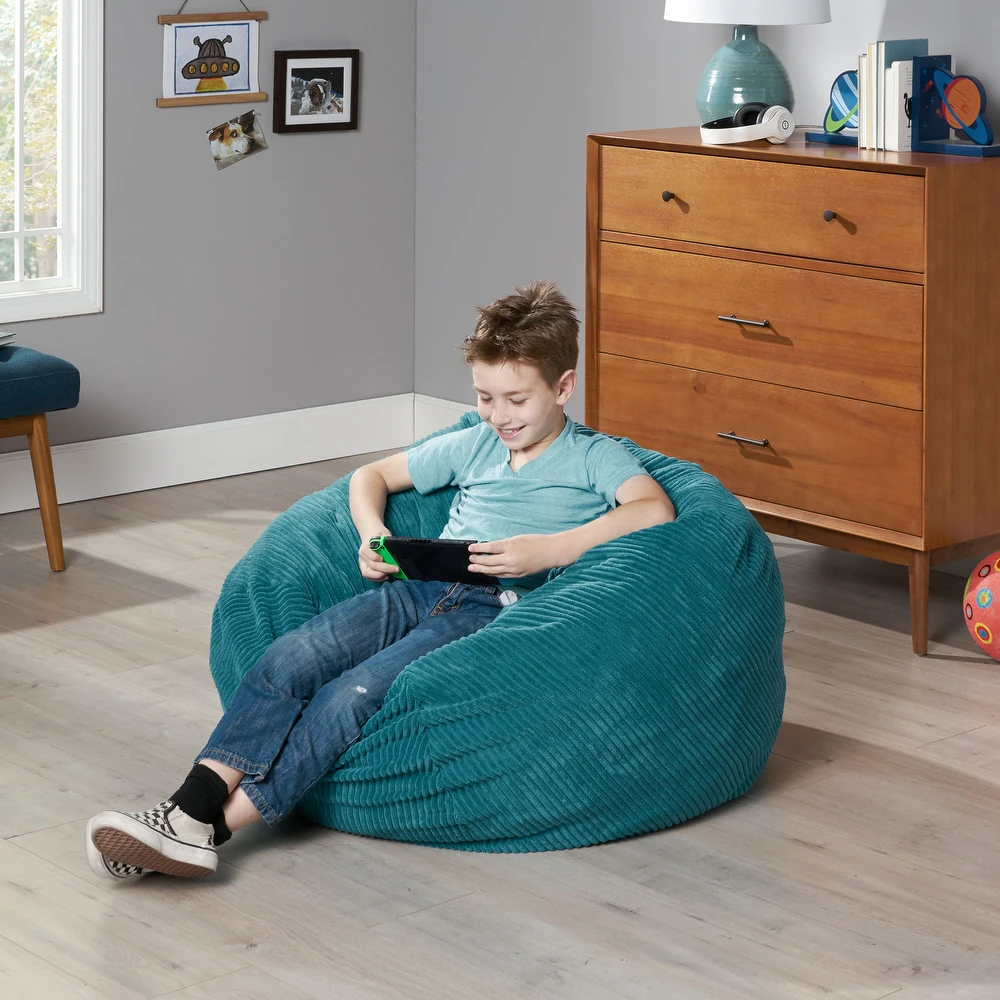 Kenli Modern Corduroy Polyester 3 Foot Bean Bag Chair, Dark Teal Teal Fabric