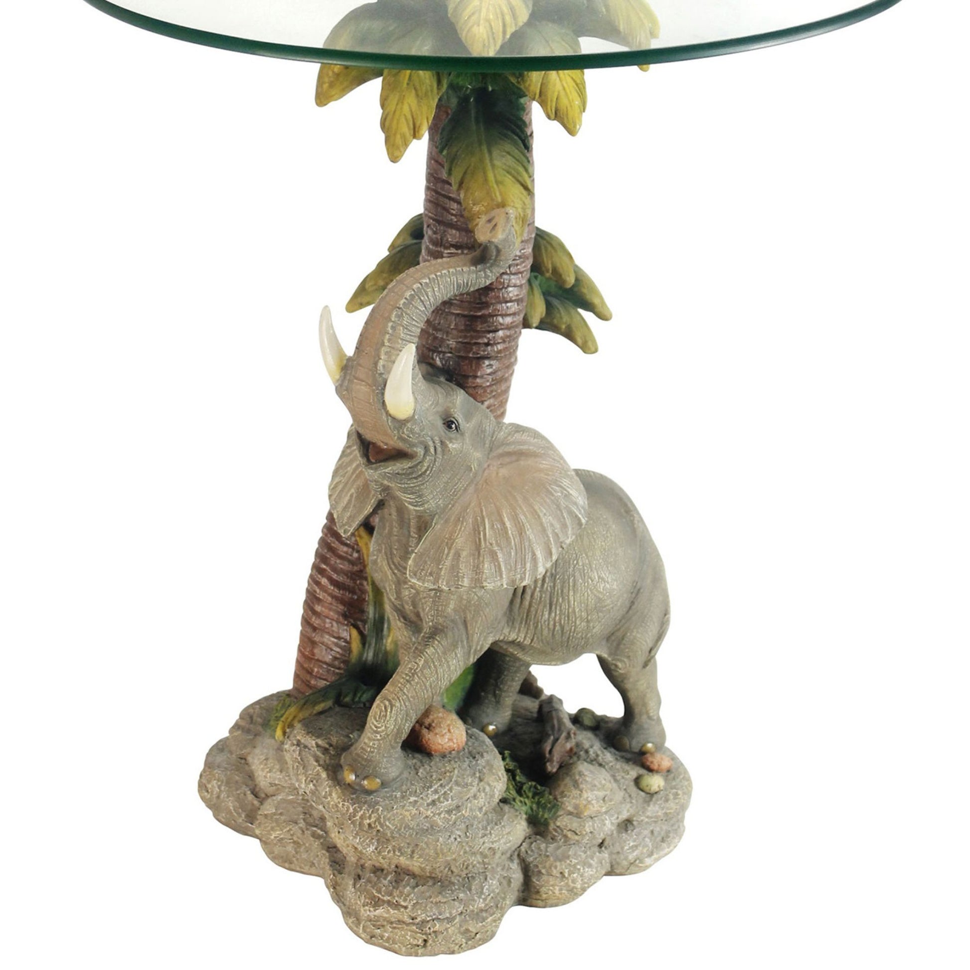 24" Tall Glass Top End Table, Polyresin Elephant Base Multicolor Polyresin