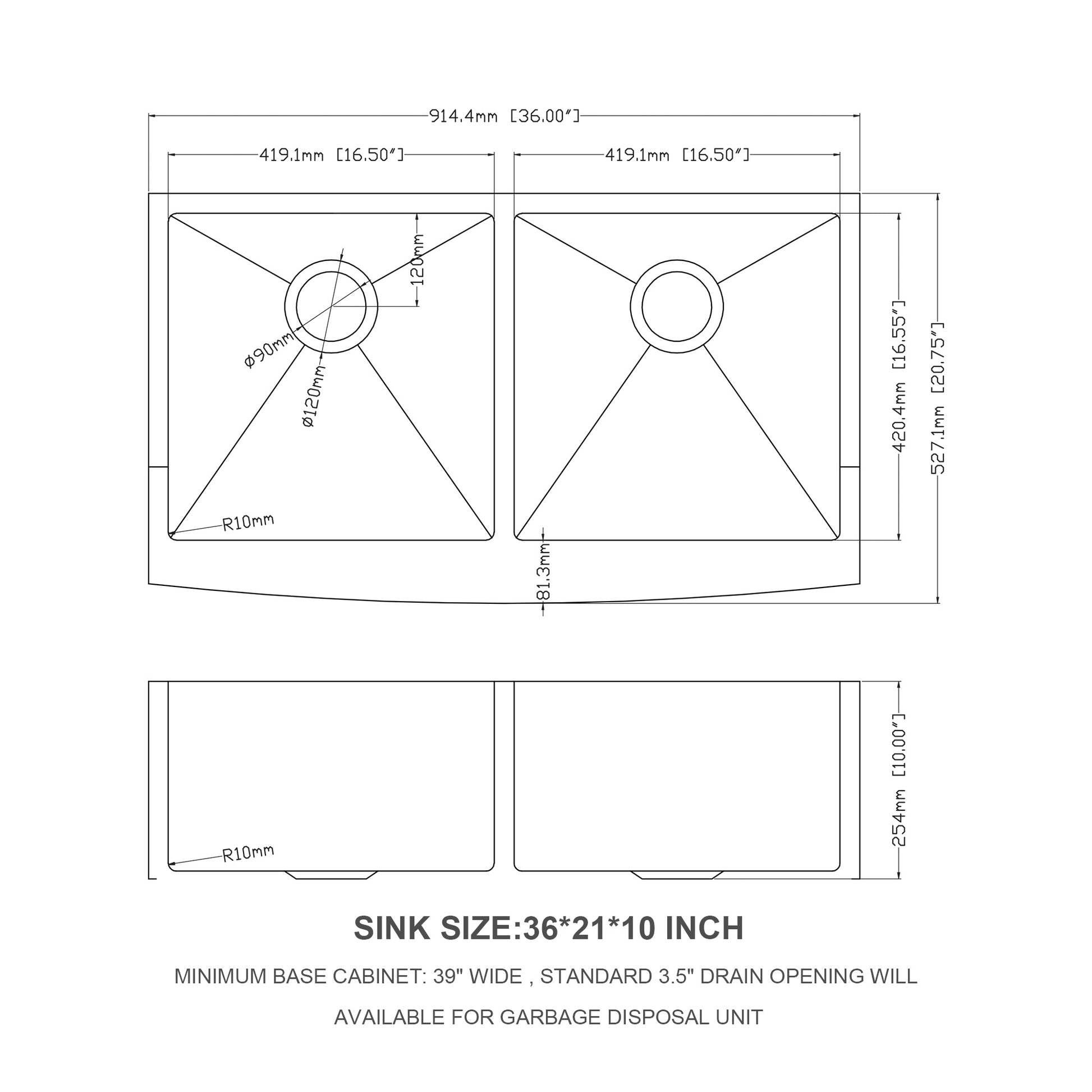 Double Bowl 50 50 Farmhouse Sink 36"X21"X10" Stainless Steel Apron Front Kitchen Sink 16 Gauge With Two 10" Deep Basin Brushed Nickel Stainless Steel