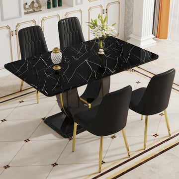 Table And Chair Set.63"W X 37"D X 30"H Black Marble Mdf Diningtable Set With 4 Black Pu Chairs With Gold Metal Legs.Bring A Comfortable Home Experience To The Kitchen, Bedroom, And Office.