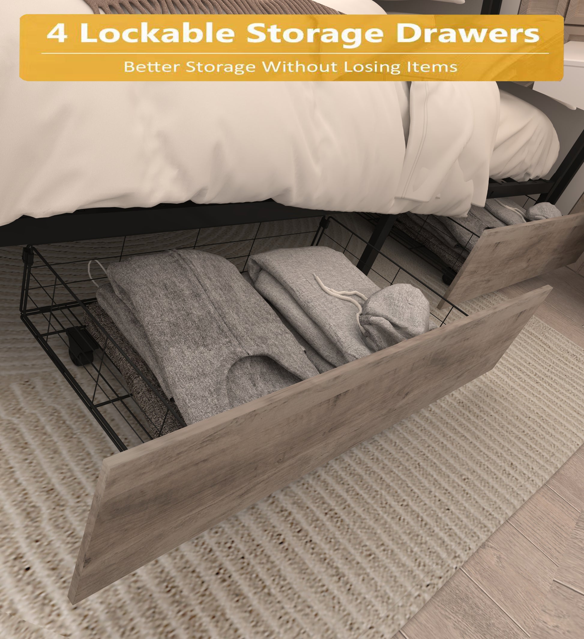 King Bed Frame, Storage Headboard With Charging Station, Solid And Stable, Noise Free, No Box Spring Needed, Easy Assembly Box Spring Not Required King Antique Gray Metal Bedroom Bed Frame Mdf Metal