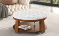 Modern Large Round Ottoman Coffee Table 2 Tier Oversized Button Tufted Ottoman With Wood Shelf Storage Upholstered Coffee Table For Living Room Footrest Ottoman With Wheel, Waterproof Linen Ivory White Rubber Wood