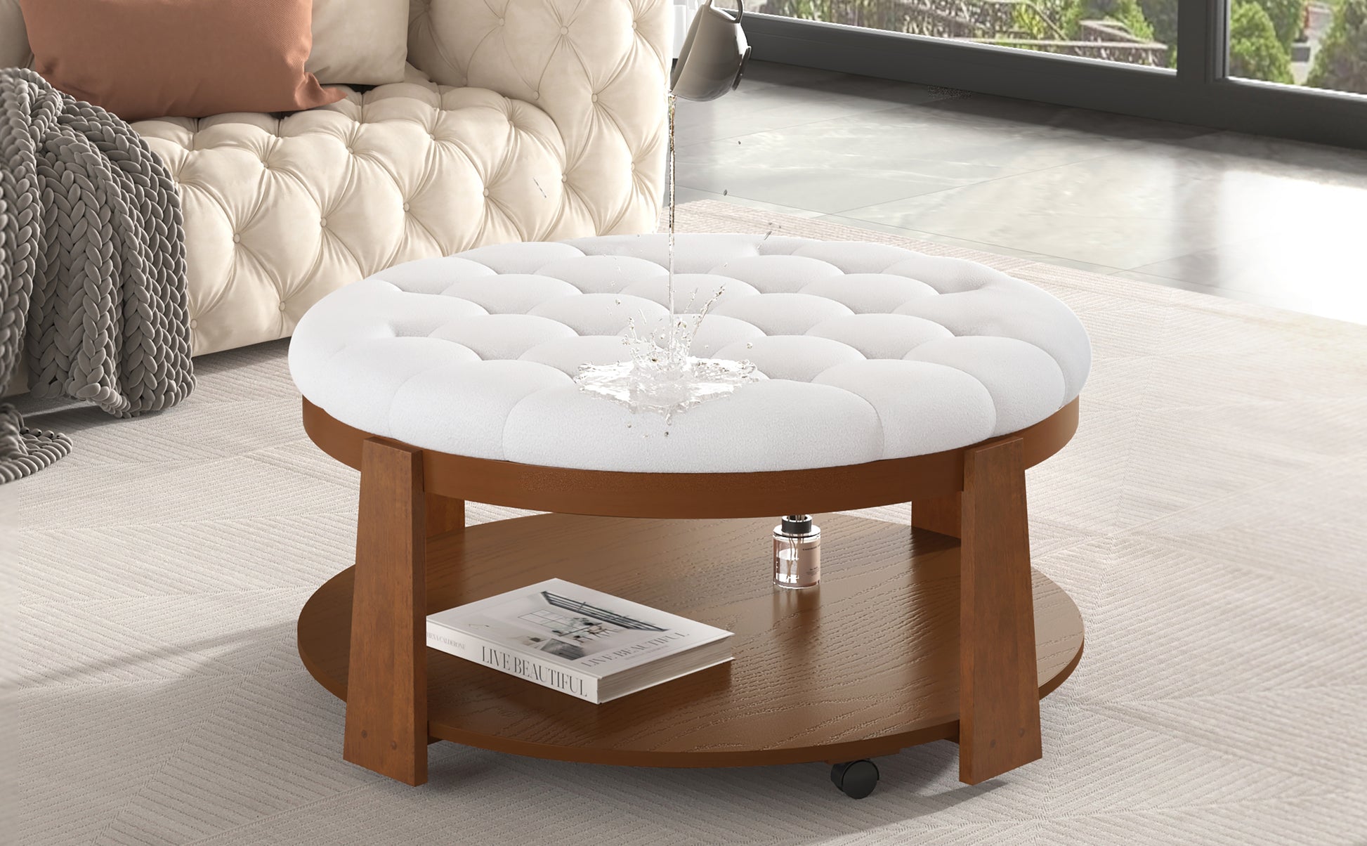 Modern Large Round Ottoman Coffee Table 2 Tier Oversized Button Tufted Ottoman With Wood Shelf Storage Upholstered Coffee Table For Living Room Footrest Ottoman With Wheel, Waterproof Linen Ivory White Rubber Wood