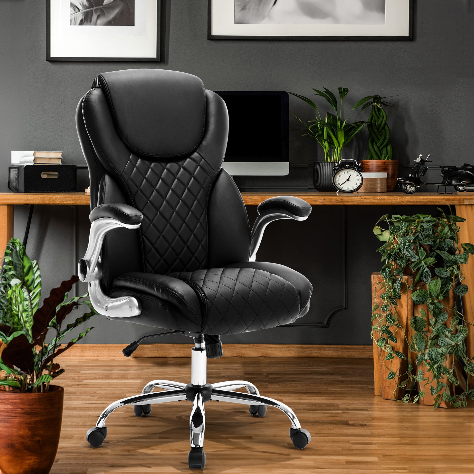 Ergonomic Office Chair With Flip Up Armrests And Wheels, Leather Rocking Executive Office Chair, Black Black Foam Pu Leather