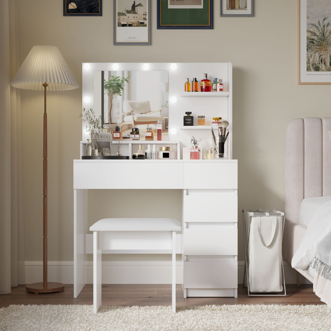Vanity, Makeup Vanity Desk Set With Mirror & Light, Dressing Table Storage Lots With Power Strip, 3 Lighting Modes With Adjustable Brightness, 37 Inches White With Stool White Drawer 4 Drawers Bedroom Extra Deep Drawers Modern 2 Or Less Mirror Included