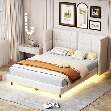 Queen Size Upholstered Platform Bed With Led Lights And U Shaped Headboard, Linen Fabric, Beige Queen Beige Wood Metal
