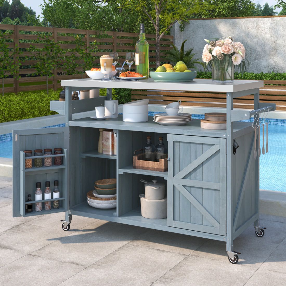 K&K Outdoor Kitchen Island, Rolling Bar Cart & Storage Cabinet, Farmhouse Solid Wood Outdoor Grill Table With Stainless Steel Top, Spice Racktowel Rack For Kitchen & Bbqgrey Blue Grey Blue Garden & Outdoor Classic,Farmhouse,French Country,Luxury,Modern